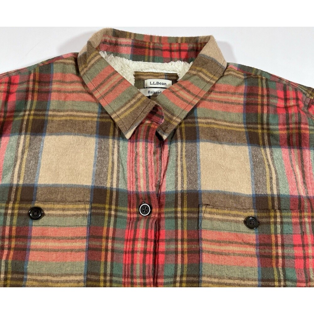 LL Bean Plaid Sherpa Lined Flannel Shirt Jacket Shacket Relaxed Women's Large - Picture 5 of 10
